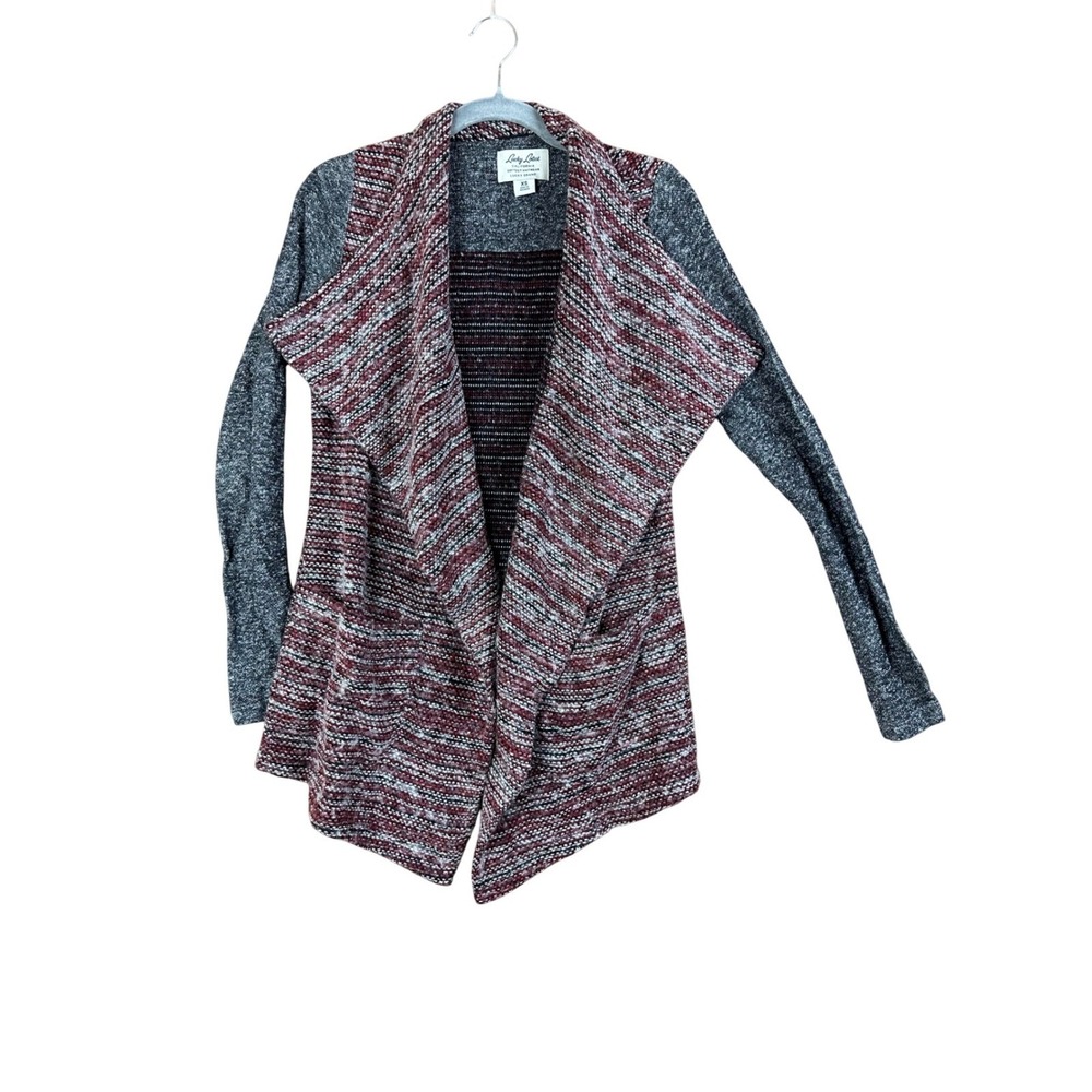Lucky Lotus XS Open Front Drape Cardigan Red Gray Soft Knitwear